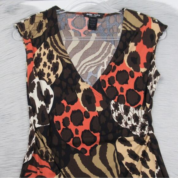 BCBG PARIS Faux-Wrap Surplice Sheath Dress Sleeveless Mixed Animal Print Size PM - Picture 5 of 11